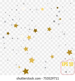 Abstract pattern of random falling golden and silver stars on white background. Elegant pattern for banner, greeting card, Christmas and New Year card, invitation, postcard, paper packaging. Vector