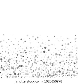 Abstract pattern of random falling silver stars on white background. Glitter pattern for banner, greeting card, Christmas and New Year card, invitation, postcard, paper packaging. Vector