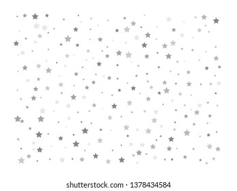 Abstract pattern of random falling silver stars on white background. Elegant pattern for banner, greeting card, Christmas and New Year card, invitation, postcard, paper packaging. Vector illustration