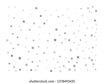 Abstract pattern of random falling silver stars on white background. Elegant pattern for banner, greeting card, Christmas and New Year card, invitation, postcard, paper packaging. Vector illustration