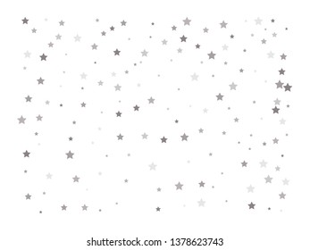 Abstract pattern of random falling silver stars on white background. Elegant pattern for banner, greeting card, Christmas and New Year card, invitation, postcard, paper packaging. Vector illustration