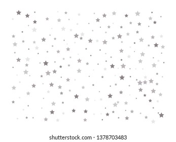 Abstract pattern of random falling silver stars on white background. Elegant pattern for banner, greeting card, Christmas and New Year card, invitation, postcard, paper packaging. Vector illustration
