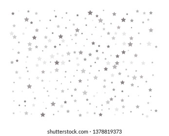 Abstract pattern of random falling silver stars on white background. Elegant pattern for banner, greeting card, Christmas and New Year card, invitation, postcard, paper packaging. Vector illustration