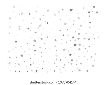 Abstract pattern of random falling silver stars on white background. Elegant pattern for banner, greeting card, Christmas and New Year card, invitation, postcard, paper packaging. Vector illustration
