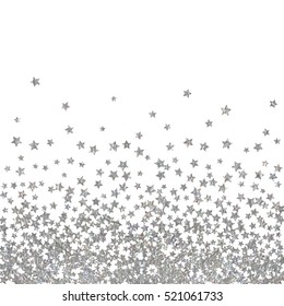 Abstract pattern of random falling silver stars on white background. Elegant pattern for banner, greeting card, Christmas and New Year card, invitation, postcard, paper packaging. Vector illustration
