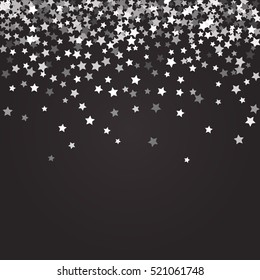 Abstract pattern of random falling silver stars on black background. Glitter pattern for banner, greeting card, Christmas and New Year card, invitation, postcard, paper packaging. Vector illustration