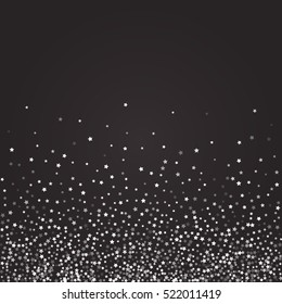 Abstract pattern of random falling silver stars on black background. Glitter pattern for banner, greeting card, Christmas and New Year card, invitation, postcard, paper packaging. Vector illustration