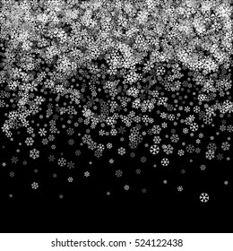 Abstract pattern of random falling silver snowflakes on black background. Glitter pattern for banner, greeting, Christmas and New Year card, invitation, postcard, paper packaging. Vector illustration