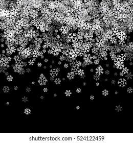 Abstract pattern of random falling silver snowflakes on black background. Glitter pattern for banner, greeting, Christmas and New Year card, invitation, postcard, paper packaging. Vector illustration