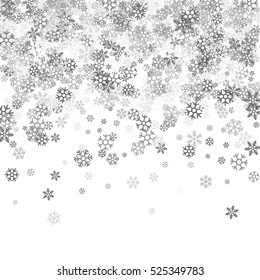 Abstract pattern of random falling silver snowflakes on white background. Glitter pattern for banner, greeting, Christmas and New Year card, invitation, postcard, paper packaging. Vector illustration