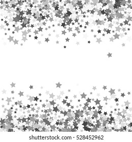 Abstract pattern of random falling silver stars on white background. Glitter template for banner, greeting, Christmas and New Year card, invitation, postcard, paper packaging. Vector illustration