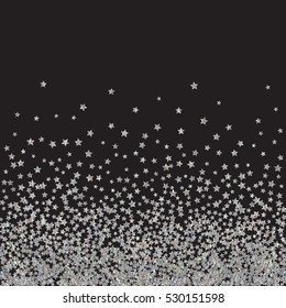 Abstract pattern of random falling silver stars on black background. Elegant pattern for banner, greeting card, Christmas and New Year card, invitation, postcard, paper packaging. Vector illustration