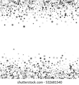 Abstract pattern of random falling silver stars on white background. Glitter template for banner, greeting, Christmas and New Year card, invitation, postcard, paper packaging. Vector illustration.