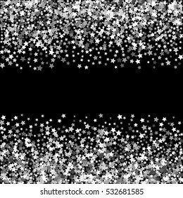 Abstract pattern of random falling silver stars on black background. Glitter template for banner, greeting, Christmas and New Year card, invitation, postcard, paper packaging. Vector illustration.