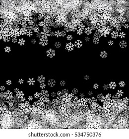Abstract pattern of random falling silver snowflakes on black background. Glitter pattern for banner, greeting, Christmas and New Year card, invitation, postcard, paper packaging. Vector illustration