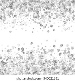 Abstract pattern of random falling silver snowflakes on white background. Glitter pattern for banner, greeting, Christmas and New Year card, invitation, postcard, paper packaging. Vector illustration.