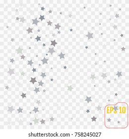 Abstract pattern of random falling silver stars on transparent  background. Glitter template for banner, greeting, Christmas and New Year card, postcard, paper packaging. Vector illustration