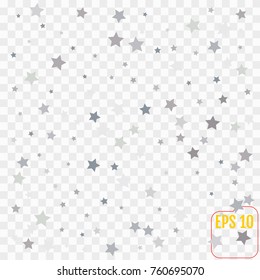 Abstract pattern of random falling silver stars on transparent background. Glitter pattern for banner, greeting card, Christmas and New Year card, invitation, postcard, paper packaging