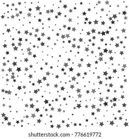 Abstract pattern of random falling silver stars on white background. Glitter pattern for banner, greeting card, Christmas and New Year card, invitation, postcard, paper packaging