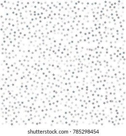 Abstract pattern of random falling silver stars on white background. Elegant pattern for banner, greeting card, Christmas and New Year card, invitation, postcard, paper packaging. Vector illustration
