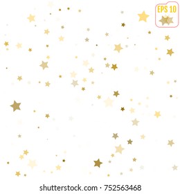 Abstract pattern of random gold stars on white background. Golden Confetti