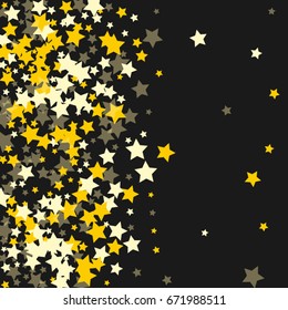 Abstract pattern of random golden stars on a black background. A brilliant template for a banner, greeting card, Christmas and New Year cards, invitations, cards, paper packaging.