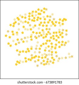Abstract pattern of random golden stars on a white background. A brilliant template for a banner, greeting card, Christmas and New Year greeting cards, invitations, cards, paper packaging
