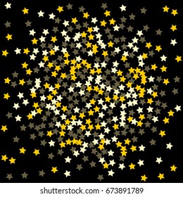 Abstract pattern of random golden stars on a black background. A brilliant template for a banner, greeting card, Christmas and New Year cards, invitations, cards, paper packaging.
