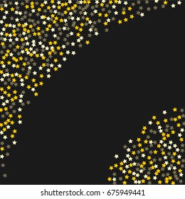 Abstract pattern of random golden stars on a black background. A brilliant template for a banner, greeting card, Christmas and New Year cards, invitations, cards, paper packaging.