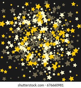 Abstract pattern of random golden stars on a black background. A brilliant template for a banner, greeting card, Christmas and New Year cards, invitations, cards, paper packaging.