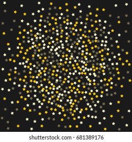 Abstract pattern of random golden stars on a black background. A brilliant template for a banner, greeting card, Christmas and New Year cards, invitations, cards, paper packaging.