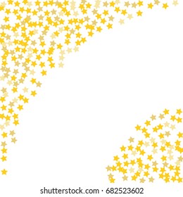 Abstract pattern of random golden stars on a white background. A brilliant template for a banner, greeting card, Christmas and New Year greeting cards, invitations, cards, paper packaging