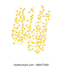 Abstract pattern of random golden stars on a white background. A brilliant template for a banner, greeting card, Christmas and New Year greeting cards, invitations, cards, paper packaging