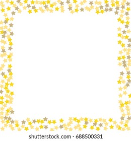 Abstract pattern of random golden stars on a white background. A brilliant template for a banner, greeting card, Christmas and New Year greeting cards, invitations, cards, paper packaging.