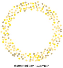 Abstract pattern of random golden stars on a white background. A brilliant template for a banner, greeting card, Christmas and New Year greeting cards, invitations, cards, paper packaging.