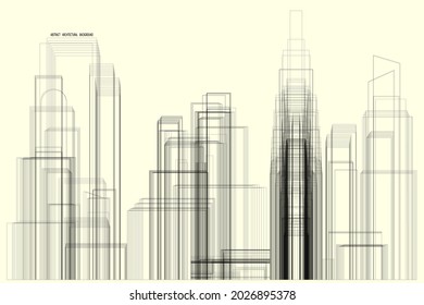 abstract pattern of rectangles and lines. cityscape on yellow background. drawing is left in outline, for better editing and design options
