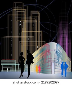 abstract pattern of rectangles and lines. night cityscape. people silhouettes