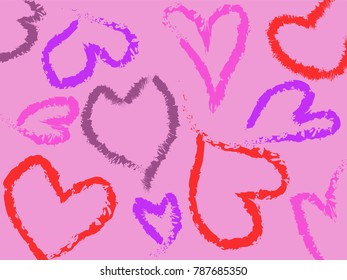 Abstract pattern of red hearts on pink background. Vector or illustration with minimalist motive for valentines day.