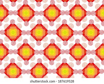 Abstract pattern of red, orange, yellow and green figures on a white background. Seamless texture. Fabric, textile, material, tablecloth