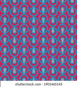 abstract pattern with repeated circles containing smaller circles and drop shapes arranged in altering rows pointing up and down in red blue and gray creating an optical effect