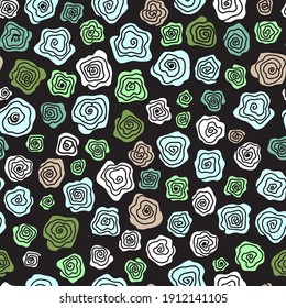 Patrón abstracto con flores de rosa sobre fondo negro. Sencillo fondo floral. Ornamento pintado con flores blancas, verdes, azules y rosas. Ilustración vectorial sin inconvenientes.