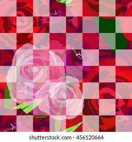 Abstract pattern of rose  (red, pink), leaves green, tartan plaid  background,  seamless  fashion design flower pattern, , trendy stylish Geometric texture spring summer, square color vector prints