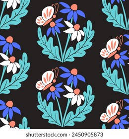 Abstract pattern with round shape illustration on black background. Flat hand drawn cut out flowers, leaves in bright colors. Unique retro print design for textile, wallpaper, interior, wrapping