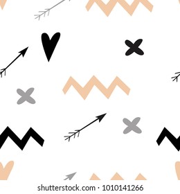 abstract pattern of the Scandinavian minimalistic monochrome style (black and white, pink, yellow, gray, monochrome) hearts, elements, doodle, arrows, symbol, illustration, vector, simple, flat