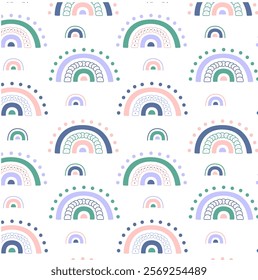 Abstract pattern in scandinavian style with colorful rainbows on white background. Vector illustration for wallpapers, textile, wrapping paper