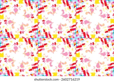 Abstract pattern with scattered, irregular shapes. Vibrant color palette including red, yellow, blue, and pink hues with white background. brushstroke-like elements.  Dynamic composition 