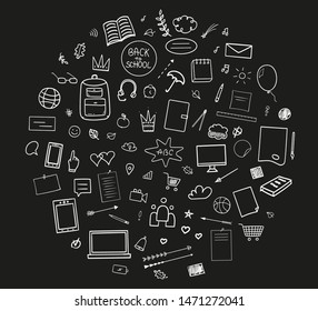 Abstract pattern with school supplies. Back to school. Set of different signs. Hand drawn elements. Illustration for banners, flyers or posters