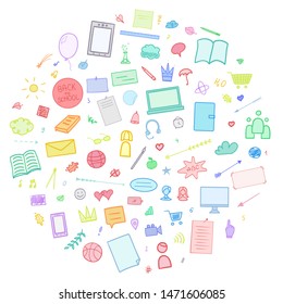 Abstract pattern with school supplies. Back to school. Set of different signs. Hand drawn elements. Illustration for banners, flyers or posters