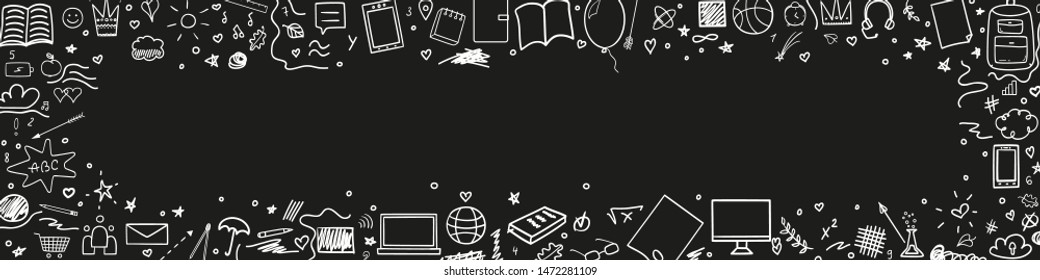 Abstract pattern with school supplies. Back to school. Hand drawn infographic elements. Black and white illustration