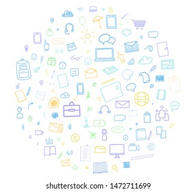 Abstract pattern with school supplies. Back to school. Set of different signs. Hand drawn infographic elements. Illustration for design